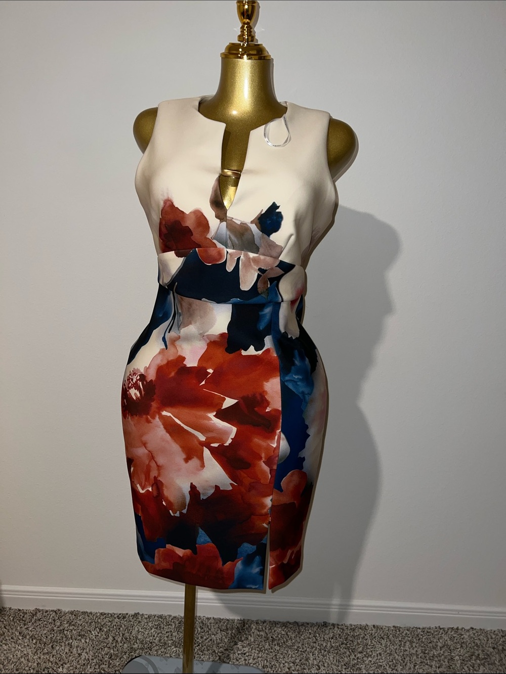 Donna Karan Cream Mini Dress with Red and Blue Floral Print